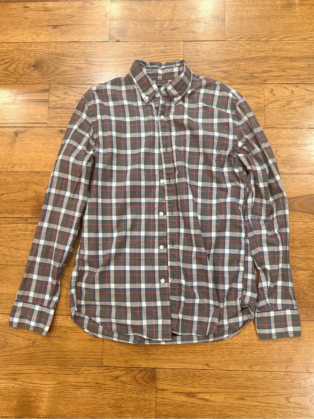 J Crew Men's Gray Plaid Button-Down Shirt with Red